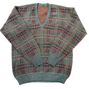 Checkered Plaid Men’s Wool Mohair Knit Sweater Grandpacore Rustic Cabin
